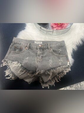 One Teaspoon Gray Frayed Distressed Denim Cutoff Shorts